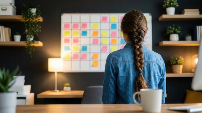 Young woman plans social media content using a visual schedule with colorful sticky notes.