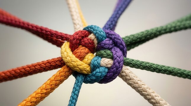 Colorful ropes connect in a central knot representing unity and collective effort.