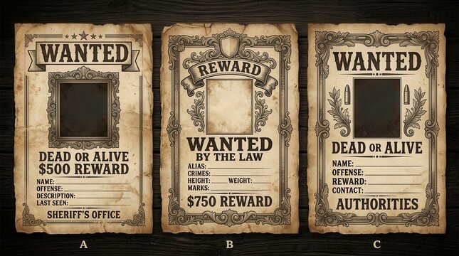 Vintage western wanted poster templates on aged paper textures.