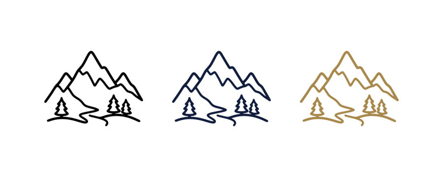 Minimalist mountain range line art icons with pine trees and winding path.