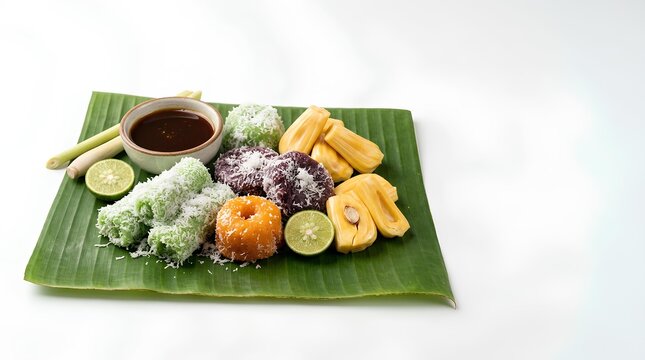 Traditional Southeast Asian dessert assortment featuring green putu cakes, sticky rice, jackfruit, and palm sugar syrup served on a banana leaf over white background.