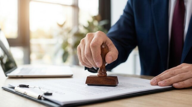 Lawyer using a wooden seal to stamp a legal document for contract confirmation.
