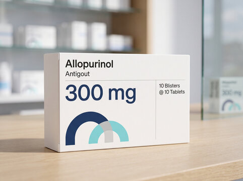 Generic allopurinol antigout medication box on pharmacy shelf