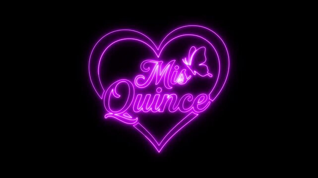 Mis Quince a&ntilde;os Sign Animation with Glowing Pink Heart, Butterfly and Elegant Handwritten Typography on Black Background, Quincea&ntilde;era Sweet 15 Celebration, Birthday, Love, Party and Festive 4k Motion 