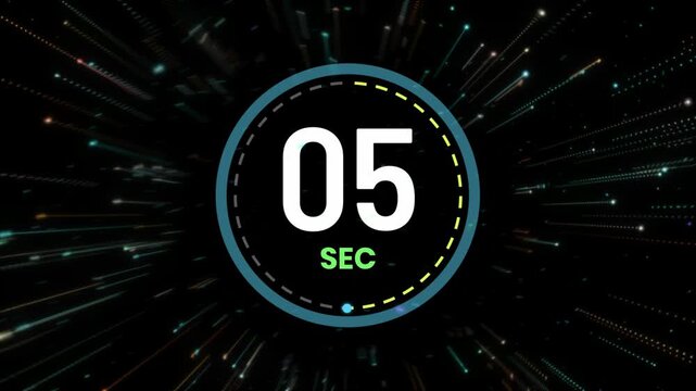 Dynamic digital countdown timer with glowing light streaks with filled radiating multicolored video futuristic digital