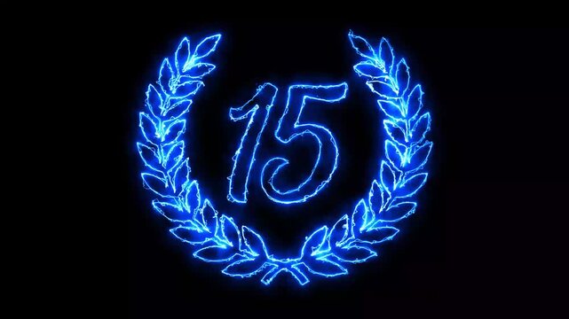 Mis Quince a&ntilde;os XV  Neon Animation with Glowing Blue Number Fifteen 15  Elegant Laurel Wreath on Black Background, Quincea&ntilde;era Celebration, Sweet 15 Birthday, Latin Party Luxury Event Festive Motion