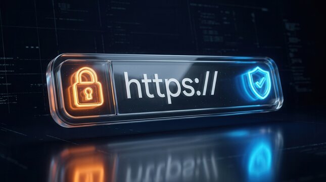 Secure HTTPS connection with glowing padlock and shield icons in a futuristic browser bar.