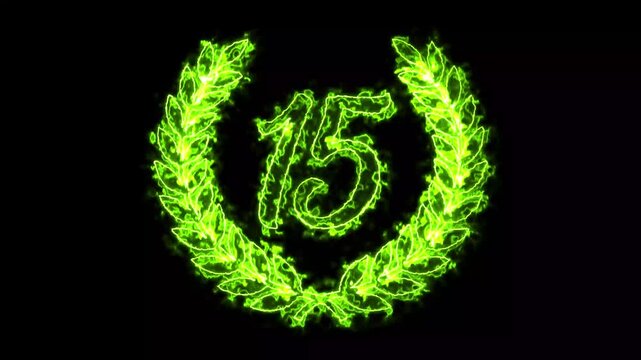 Mis Quince a&ntilde;os XV  Neon Animation with Glowing green Number Fifteen 15  Elegant Laurel Wreath on Black Background, Quincea&ntilde;era Celebration, Sweet 15 Birthday, Latin Party Luxury Event Festive Motion
