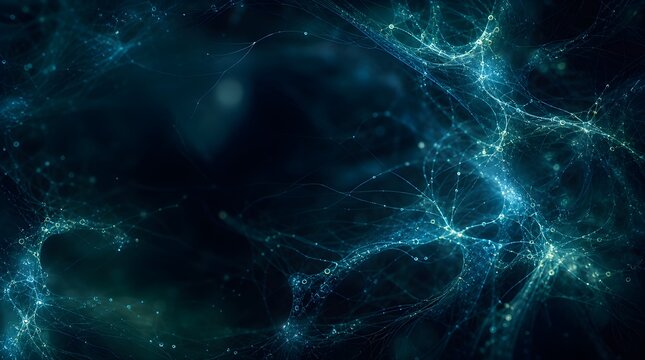 Abstract background with microscopic neural pathways and organic energy field with copy space, teal and blue glow
