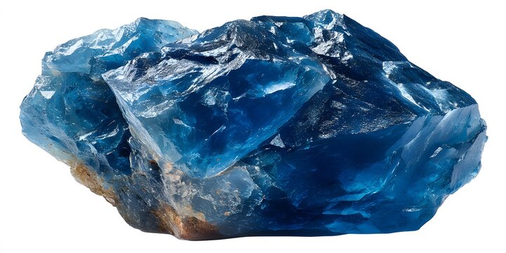 Raw blue fluorite crystal with translucent glassy facets isolated on a white background