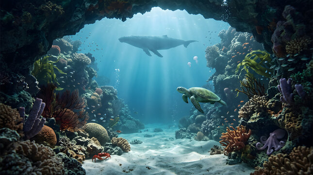 A majestic whale and sea turtle swimming in a vibrant coral reef underwater cave.