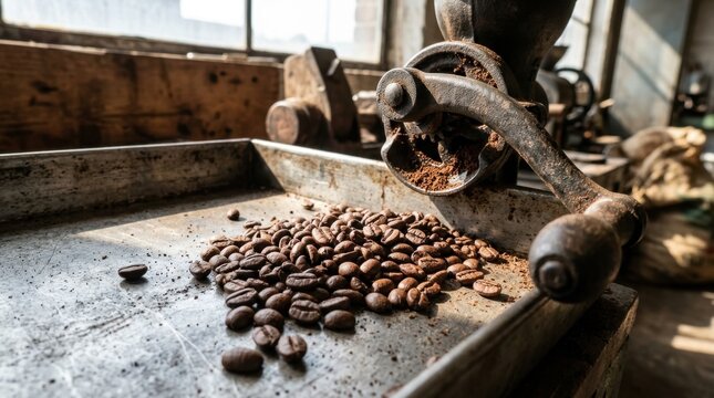Vintage manual coffee grinder with roasted coffee beans on a metal tray in a rustic workshop setting