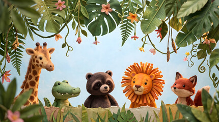 Fototapeta premium Cute cartoon animals including a giraffe, crocodile, raccoon, lion, and fox in a lush tropical jungle setting.