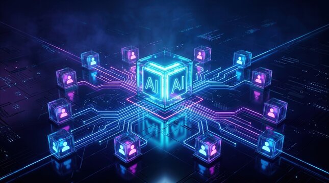 A powerful AI core connects a global digital network of users in a futuristic environment.