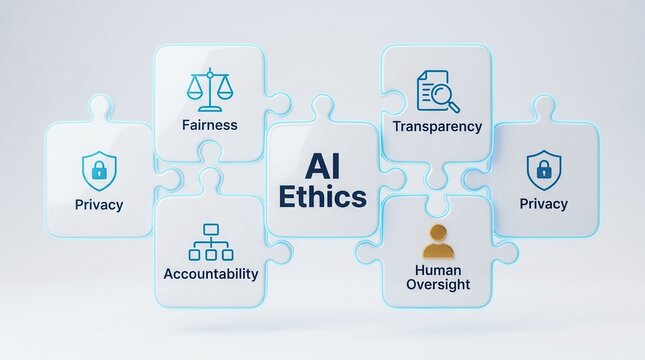 Fundamental principles of Artificial Intelligence ethics including fairness, privacy, and transparency.