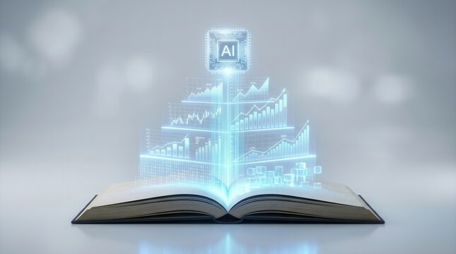 Futuristic concept of AI processing data from an open book for machine learning.