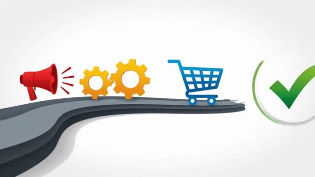 A modern marketing journey animation using symbolic icons and a flowing visual path to communicate customer progression without relying on written information.