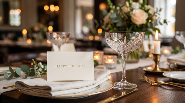 Elegant Happy Birthday place card on a luxury restaurant table setting