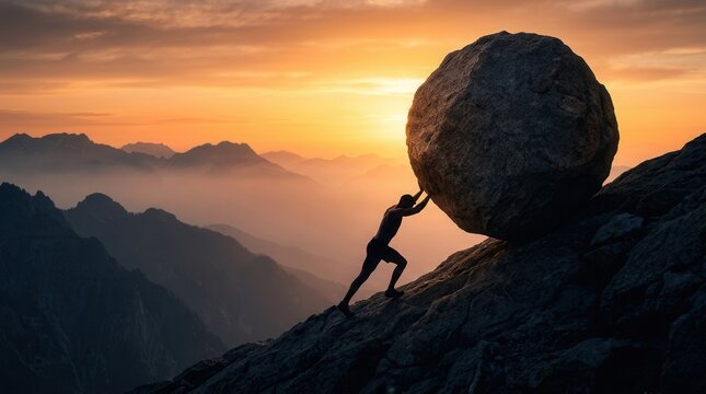 A person pushing a giant boulder uphill during a dramatic sunset to symbolize effort and perseverance.