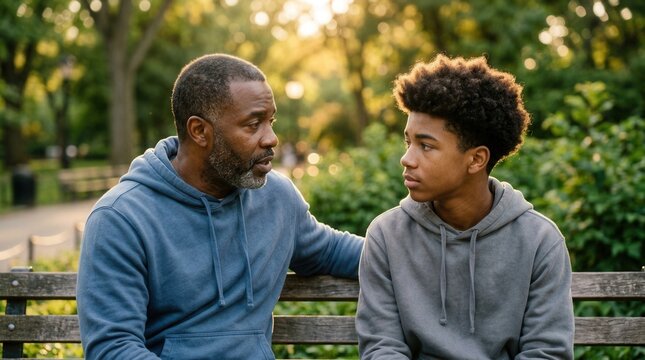 A father and son having a serious conversation outdoors while bonding and connecting.