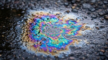 Obraz premium Colorful Oil Slick on Asphalt Puddle, Iridescent Rainbow Sheen