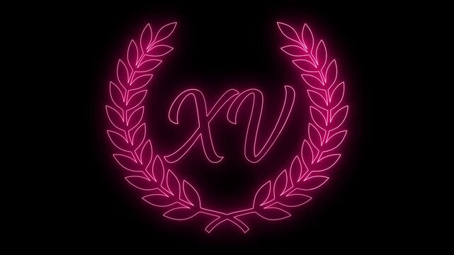 Mis Quince a&ntilde;os XV  Neon Animation with Glowing red Number Fifteen 15  Elegant Laurel Wreath on Black Background, Quincea&ntilde;era Celebration, Sweet 15 Birthday, Latin Party Luxury Event Festive Motion