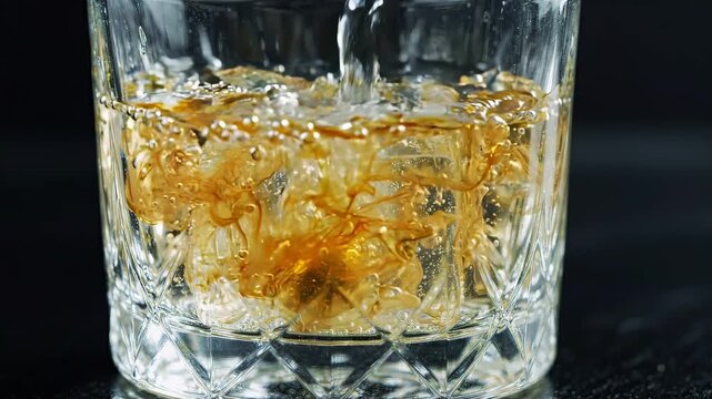 A golden oil bead releases slowly from a clear frozen aloe cube as sparkling liquid fills a crystal glass. Coenzyme supplementation and beauty nutrition