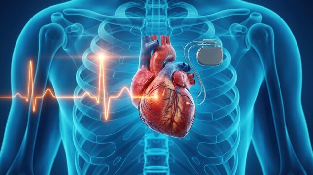 Anatomical human chest with heart and pacemaker device monitoring cardiac rhythm activity.