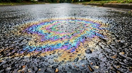 Obraz premium Colorful Oil Slick on Wet Asphalt Road