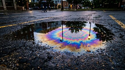 Obraz premium Colorful oil slick on wet asphalt, urban reflection, abstract pattern
