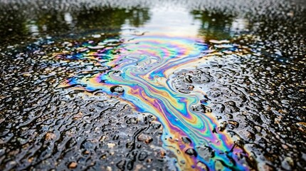 Obraz premium Colorful oil slick on wet asphalt, abstract pattern, pollution, environmental concept