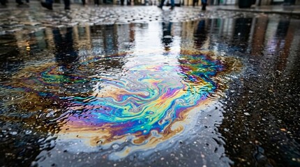 Obraz premium Colorful oil slick on wet pavement with reflections, urban pollution concept