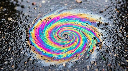 Obraz premium Colorful oil slick swirl on asphalt, abstract rainbow pattern, close-up