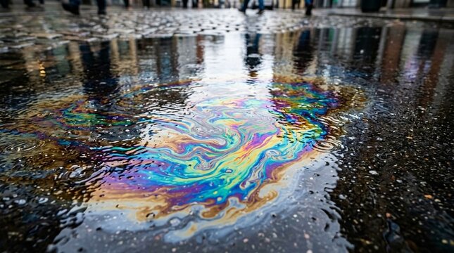 Colorful oil slick on wet pavement with reflections, urban pollution concept