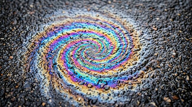 Colorful oil slick spiral on asphalt road surface