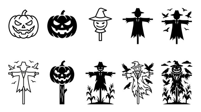 Collection of black and white vector scarecrows, jack o lantern pumpkins, crows, and wizard hats isolated on a white background for Halloween themes.