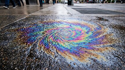 Obraz premium Colorful Oil Spill Swirl on Wet Pavement, Urban Environment