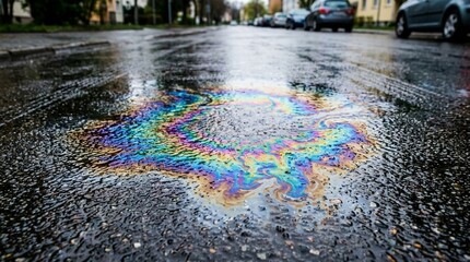 Obraz premium Colorful Oil Spill on Wet Asphalt Road, Reflections, Urban Street