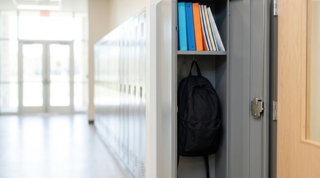 Open gray metal locker with a black backpack and binders in a bright school hallway.