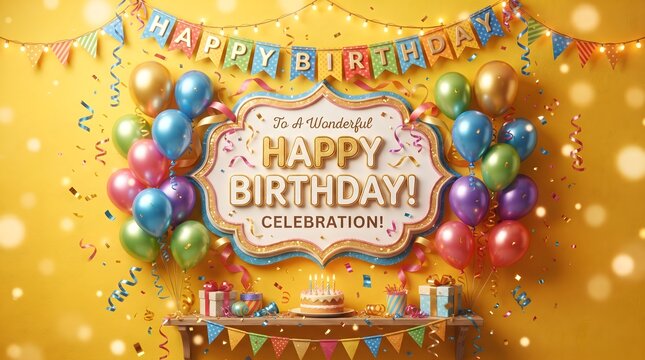 Happy Birthday banner with balloons, bunting and confetti on yellow