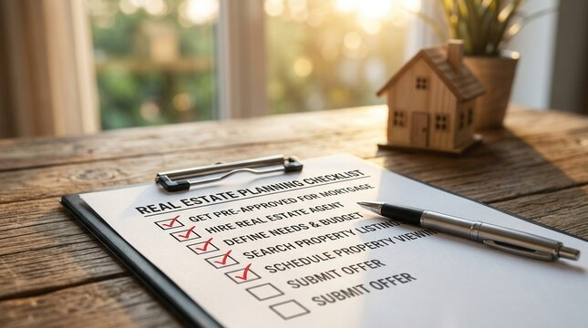 A real estate planning checklist with completed tasks for a property purchase.
