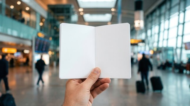 Hand holding an open blank passport booklet with empty pages for copy space at an airport terminal.