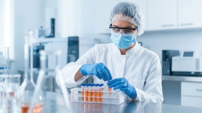 Female scientist in protective gear handling small vials for medical research.