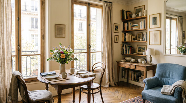 bright parisian apartment interior with dining table and cozy living space