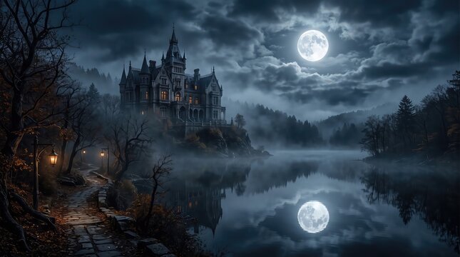 Haunted castle illustration, spooky gothic mansion by lake at night under full moon, horror scene