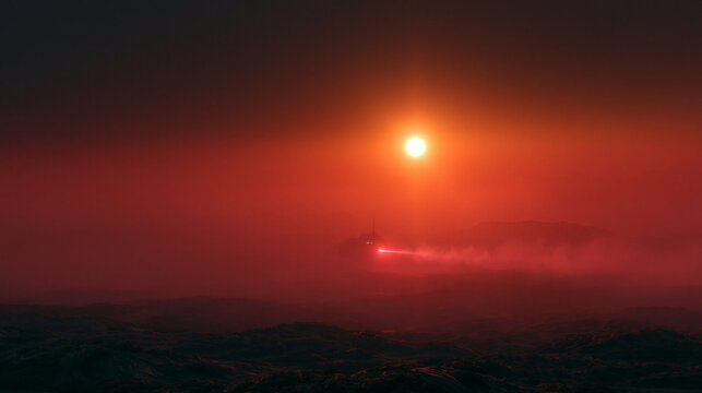 Desert planet surface under intense red sun featuring distant futuristic outpost in heavy haze.