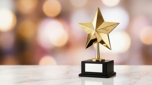 Golden star award on a white marble surface representing success and achievement.