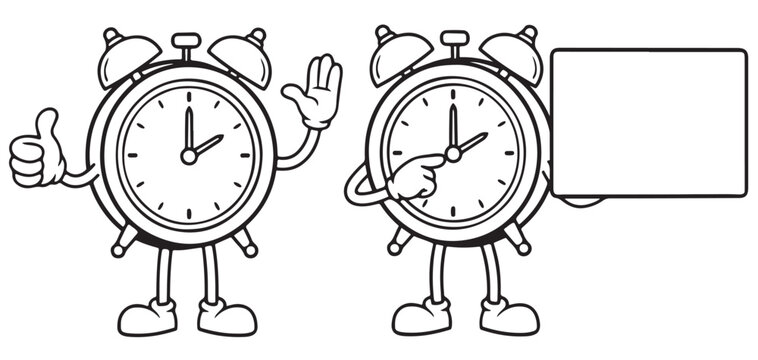 Cute cartoon alarm clock character waving hand vector illustration
