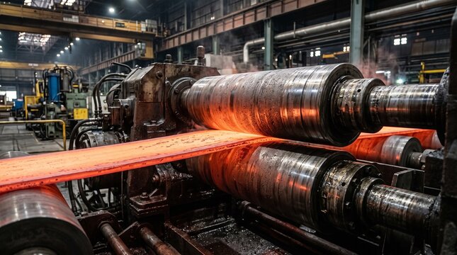 Hot steel sheet being processed through industrial rolling mill machinery in a factory setting