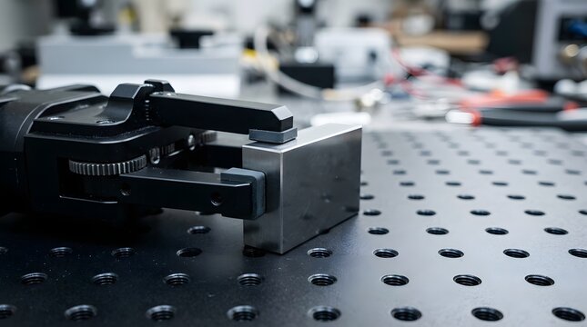 Robotic gripper holding rectangular metal block on perforated optical breadboard workbench